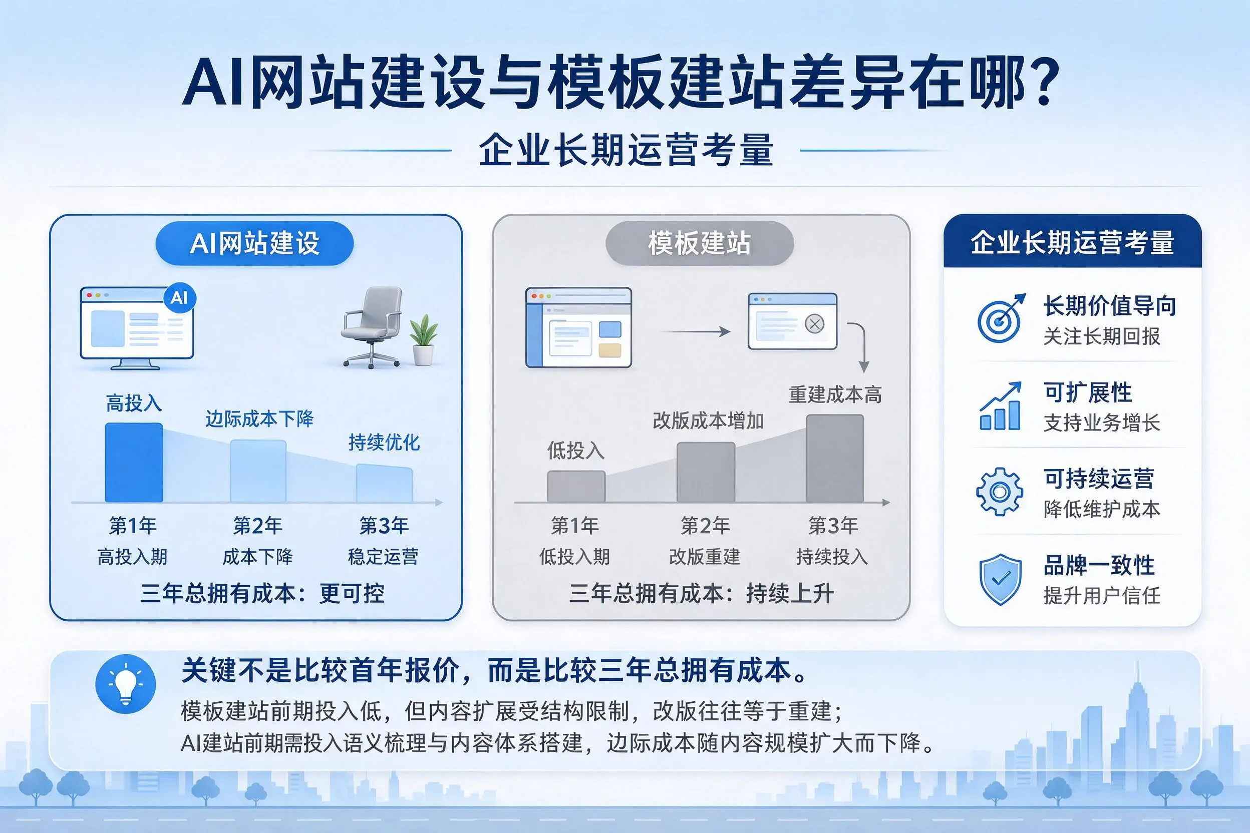 AI网站建设与模板建站差异在哪？海东企业长期运营考量